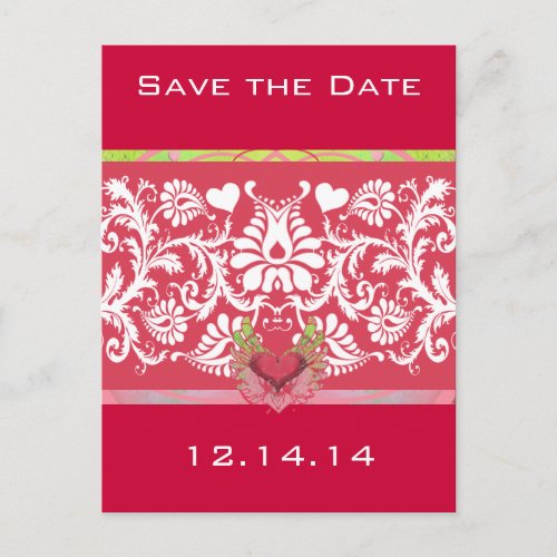 Lime Winged Hearts White Damask On Deep Raspberry Announcement Postcard