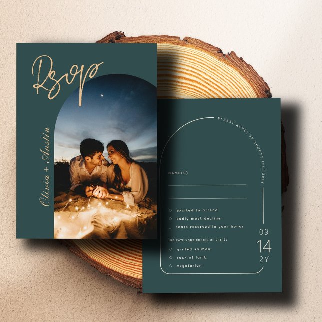 Limed Spruce Modern Arch Photo Elegant Wedding RSVP Card (Creator Uploaded)