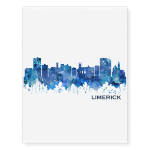 Limerick Ireland Skyline Blue Temporary Tattoos