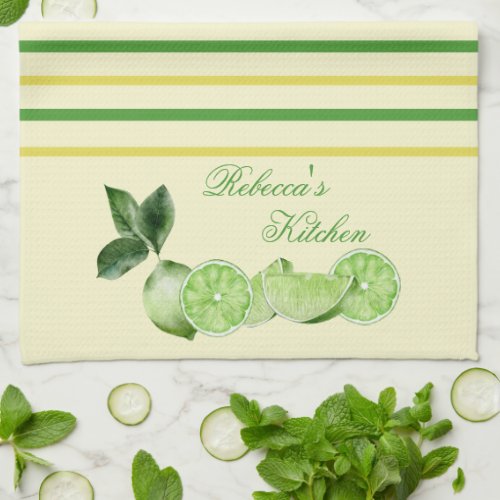 Limes and Yellow  Green Stripes Personalized Kitchen Towel