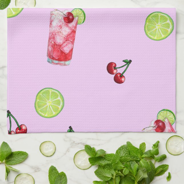 Limes Cherries Cocktails Pink Kitchen Towel (Folded)