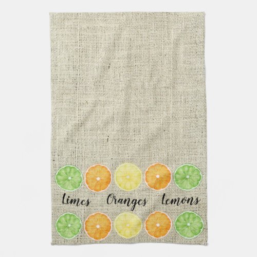 Limes Oranges and Lemons on Linen Background Kitchen Towel