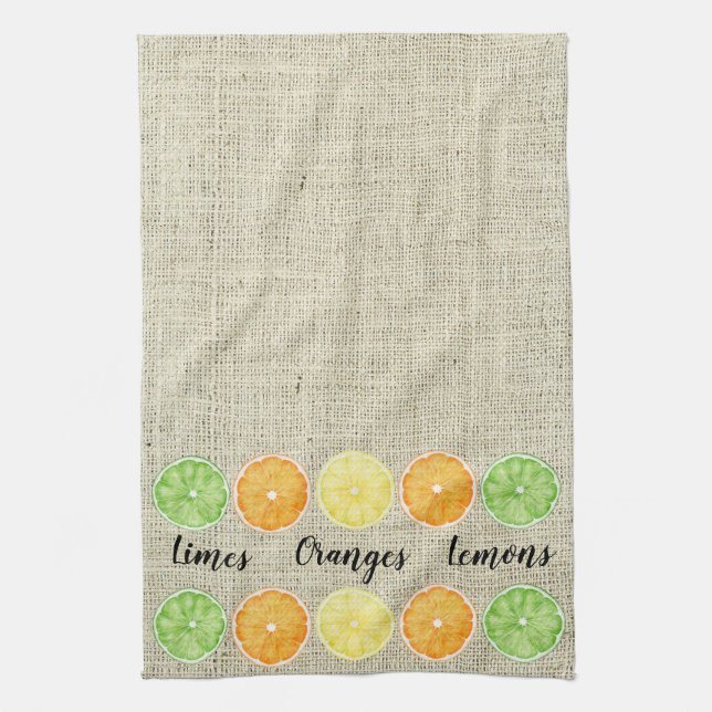Limes Oranges and Lemons on Linen Background Kitchen Towel (Vertical)