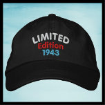 Limited Edition 1943 or Year, Black, vintage retro Embroidered Baseball Cap<br><div class="desc">Limited Edition funny Embroidered Baseball Cap - Hat, 1943 or Your Birth Year. Sample is black, but Many Colors to choose from. Unique vintage birthday gift for an old man. Easy to change year or text. Embroidery colors are White, Red, and Light Blue - best on dark color caps. All...</div>