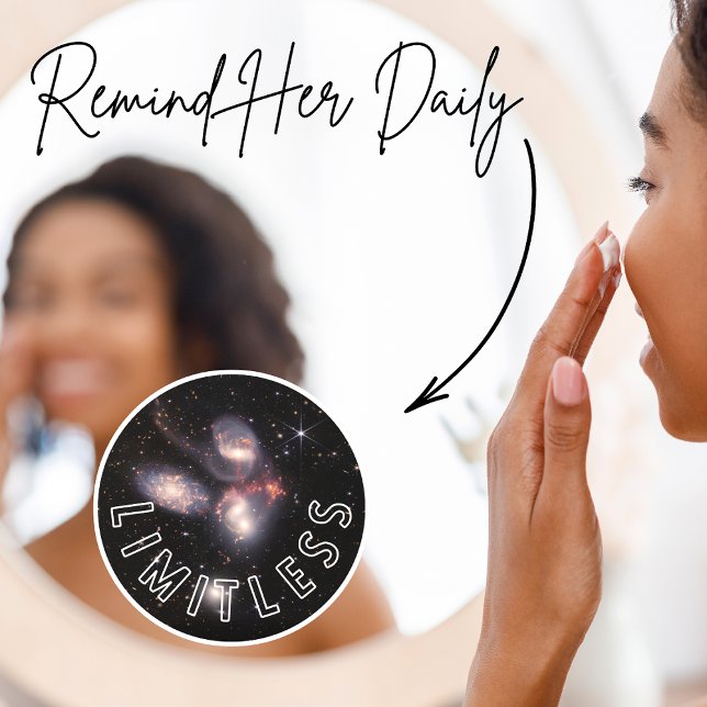 Limitless Inspirational Round Window Cling (Webb Telescope Space Image with the positive affirmation "Limitless" on a vinyl cling.)