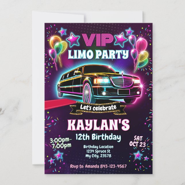Limo Birthday Party Invite for girls (Front)