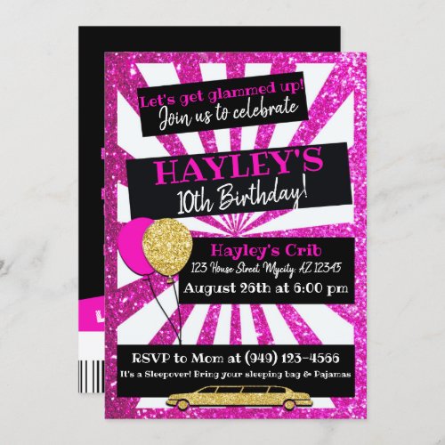 Limo Party VIP Pass Pink  gold Glitter invitation
