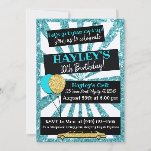 Limo Party VIP Pass Teal  gold Glitter invitation