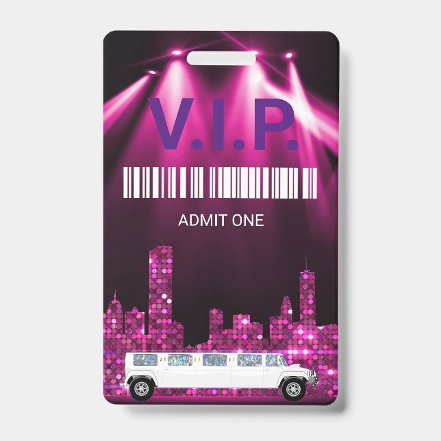 Limo Pass Party Pass, VIP, Invitation, glitter Badge (Front)