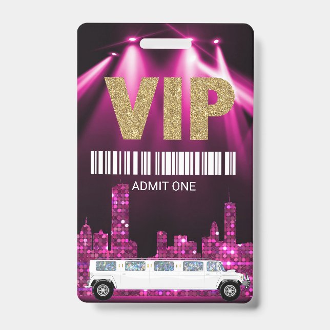 Limo Pass Party Pass, VIP, Sweet 16 glitter Badge (Front)