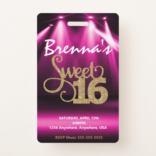 Limo Pass Party Pass VIP Sweet 16 glitter Badge