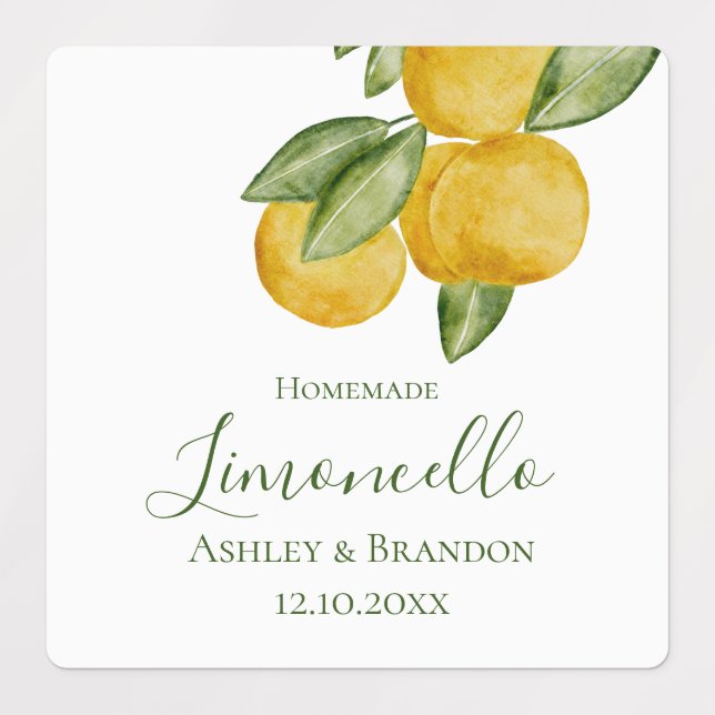 Limoncello Bottle Sticker, Lemon Watercolor Label (Design 3)