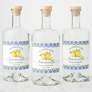 Limoncello Calligraphy Blue Tile Watercolor Lemons Liquor Bottle Label
