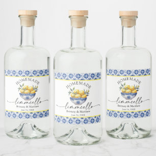 Limoncello Calligraphy Blue Tiles Watercolor Lemon Liquor Bottle Label