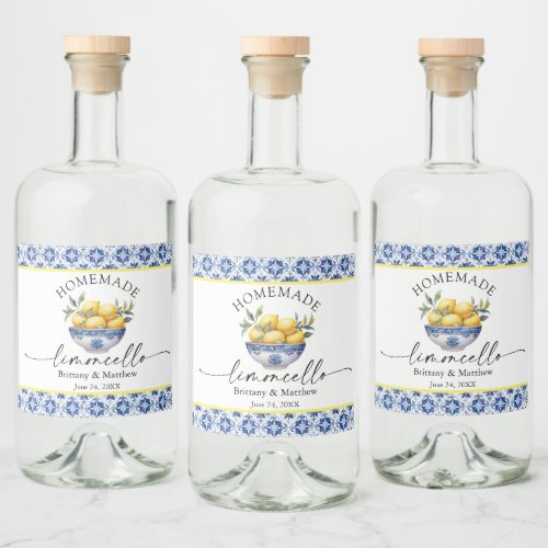Limoncello Calligraphy Blue Tiles Watercolor Lemon Liquor Bottle Label