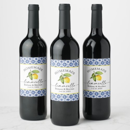 Limoncello Calligraphy Watercolor Lemon Blue Tile Wine Label