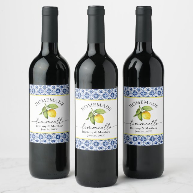 Limoncello Calligraphy Watercolor Lemon Blue Tile Wine Label (Bottles)