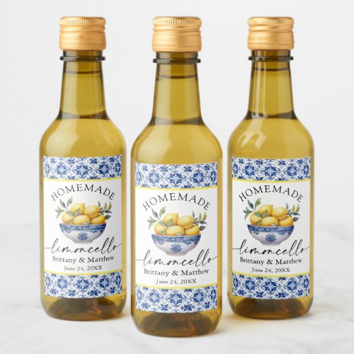 Limoncello Calligraphy Watercolor Lemon Blue Tiles Wine Label