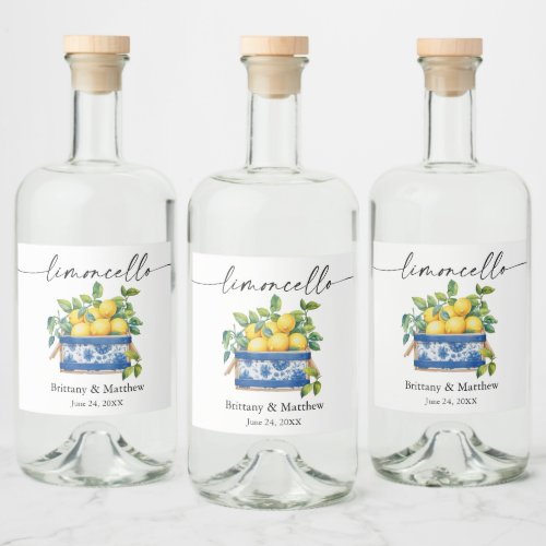 Limoncello Calligraphy Watercolor Lemons Blue Box Liquor Bottle Label