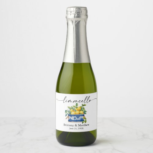 Limoncello Calligraphy Watercolor Lemons Blue Box Sparkling Wine Label