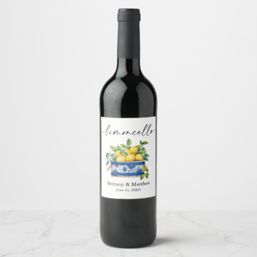 Limoncello Calligraphy Watercolor Lemons Blue Box Wine Label