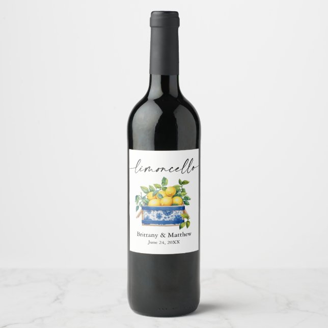 Limoncello Calligraphy Watercolor Lemons Blue Box Wine Label (Front)