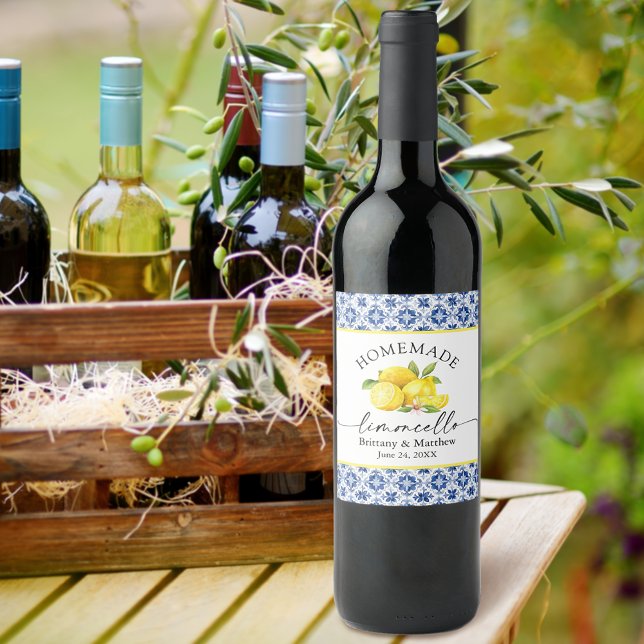 Limoncello Calligraphy Watercolor Lemons Blue Tile Wine Label (Customize to change your personalized text size or text style.)