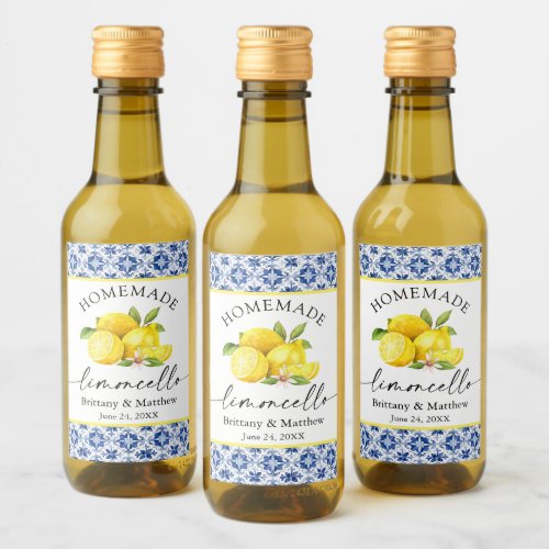 Limoncello Calligraphy Watercolor Lemons Blue Tile Wine Label