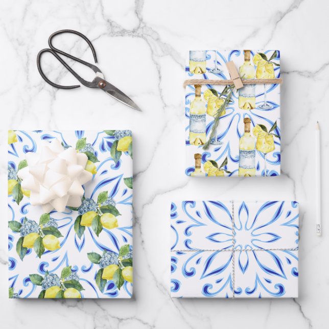 Limoncello Italian Blue Tiles Lemons Cocktail  Wrapping Paper Sheets (Front)