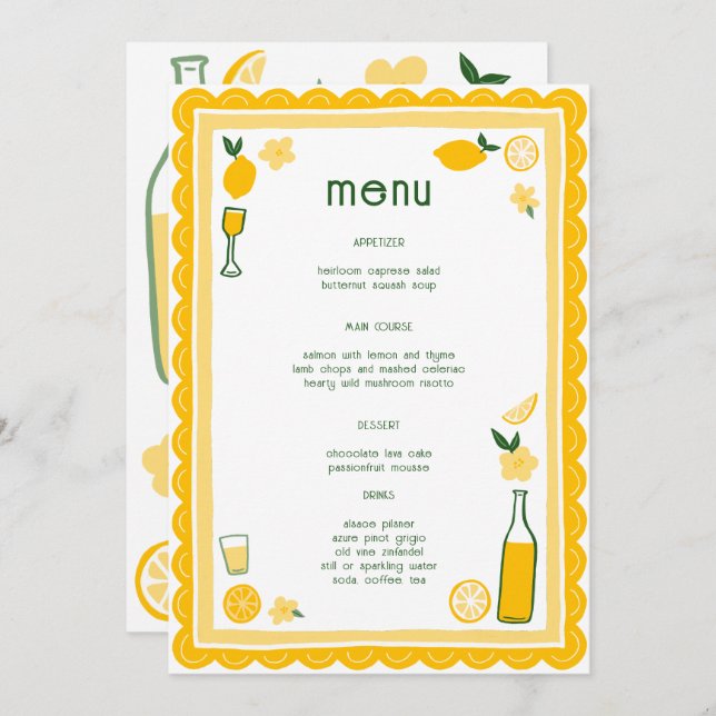 Limoncello Lemonade Lemons CUSTOM Bridal Shower  Menu (Front/Back)