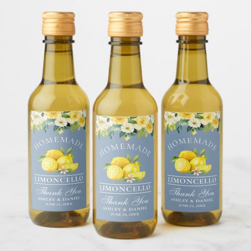 Limoncello Lemons Floral Dusty Blue Mini Wine Label