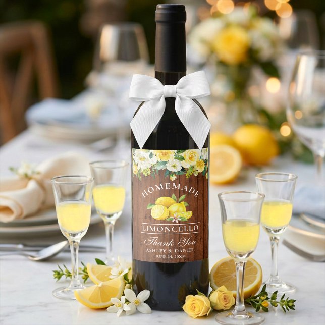 Limoncello Lemons Floral Wood Bottle Labels (Customize to change text size or text style.)