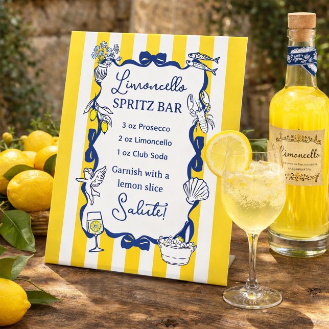 Limoncello Spritz Bar Yellow Stripe La Dolce Vita  Pedestal Sign (La Dolce Vita Yellow Stripe Limoncello Spritz Bar Pedestal Sign)