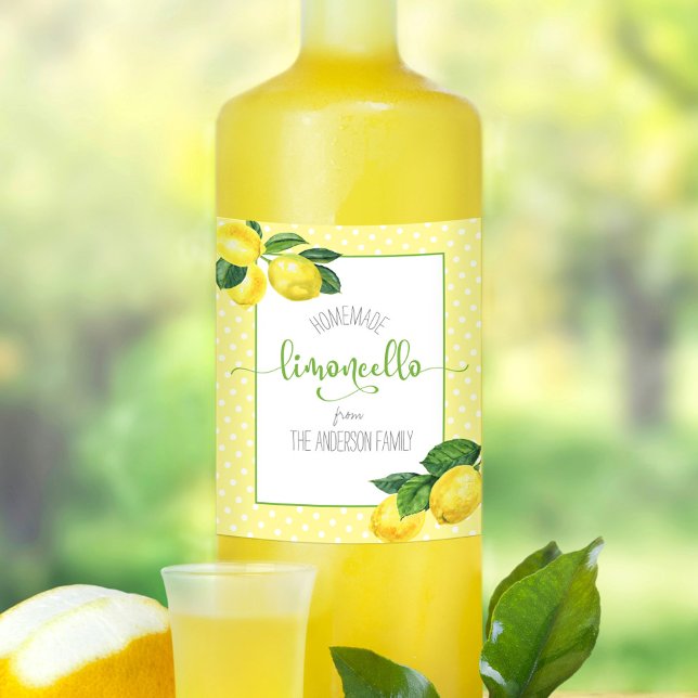Limoncello watercolor lemon dot custom name script wine label (Creator Uploaded)