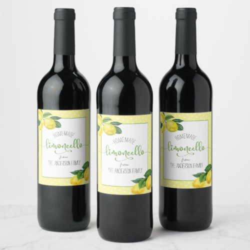 Limoncello watercolor lemon dot custom name script wine label