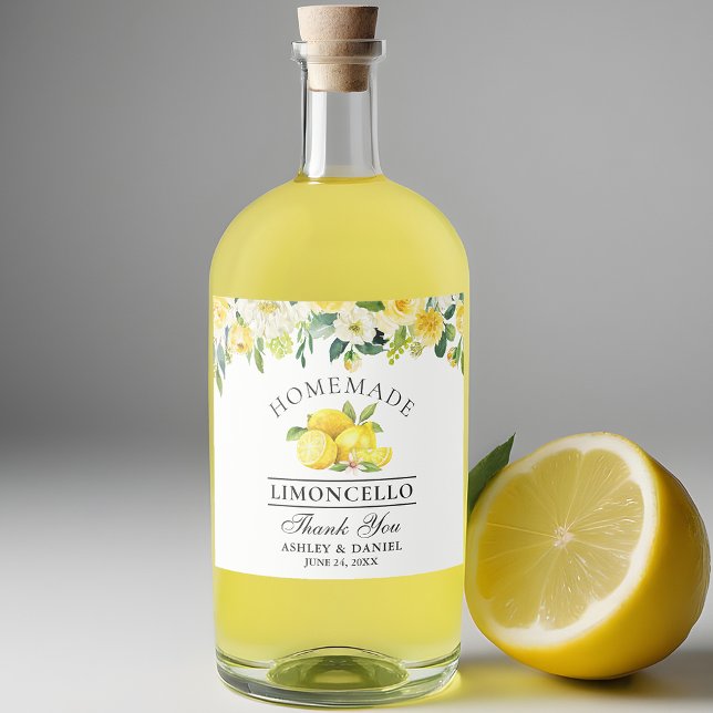 Limoncello Watercolor Lemons Floral Liquor Bottle Label (Customize to change text size, color or text style.)