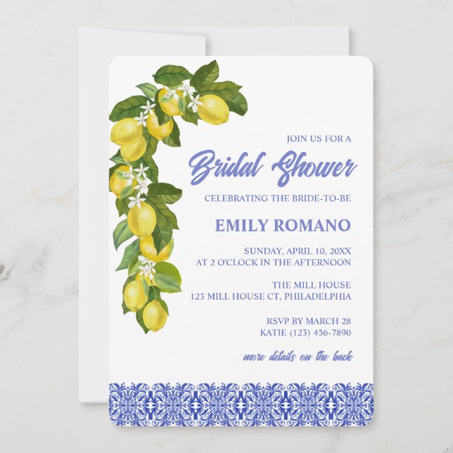 Limone I Italian Lemon & Blue Tile Bridal Shower Invitation (Front)