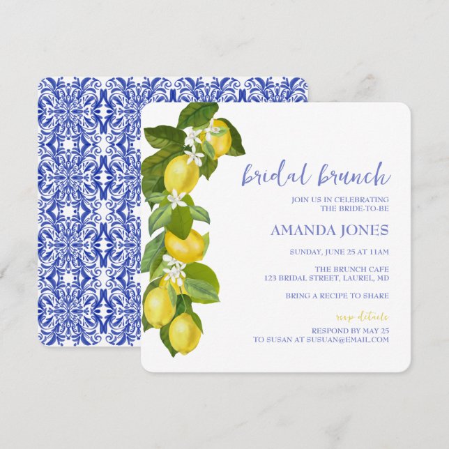 Limone I Italian Lemon & Blue Tile Shower Invite (Front/Back)
