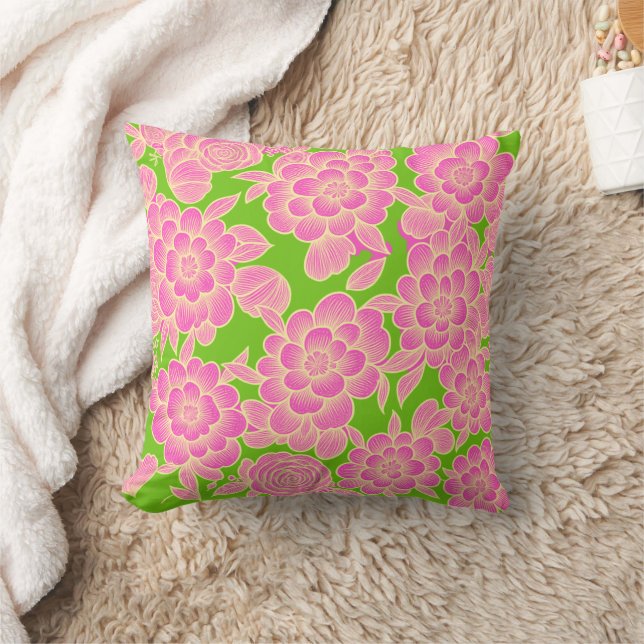 Lina 💚💗 Lime Green Baroque Floral Throw Pillow (Blanket)