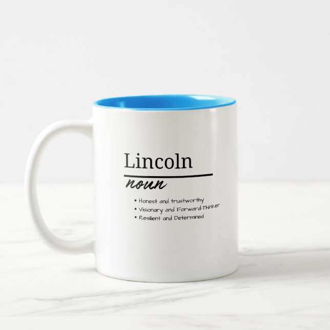 Lincoln, Boy Personalized Name Definition Two-Tone Coffee Mug (Left)