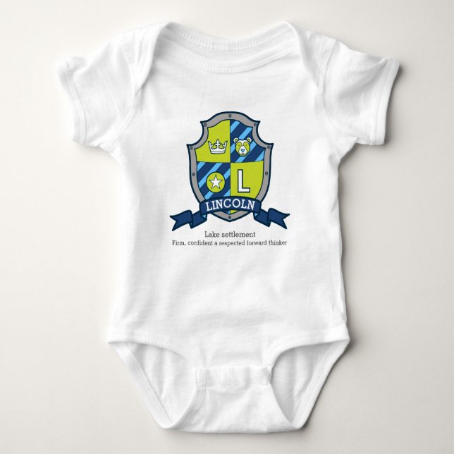Lincoln boys name meaning letter L bear crest Baby Bodysuit (Front)