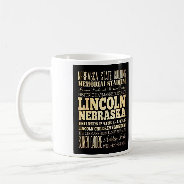 Lincoln City of Nebraska Typography Art Coffee Mug (Left)
