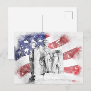 Lincoln Memorial watercolor American flag waving Postcard