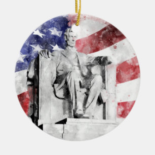 Lincoln Memorial watercolor with American flag Ceramic Ornament