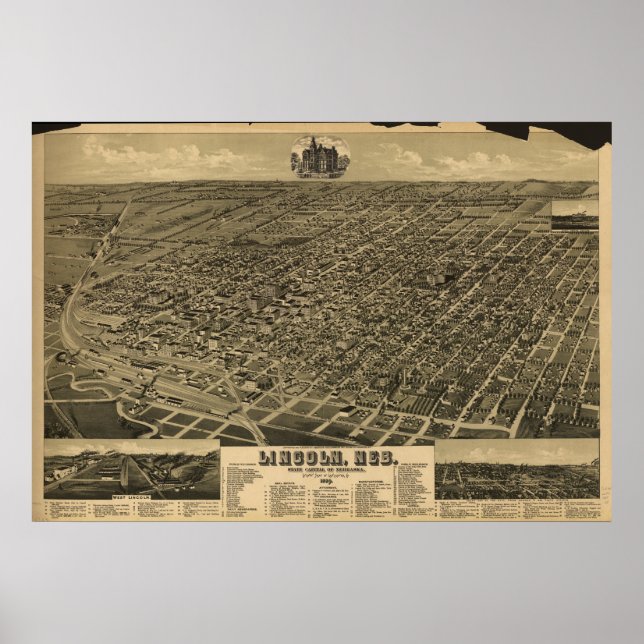 Lincoln Nebraska 1889 Antique Panoramic Map Poster (Front)