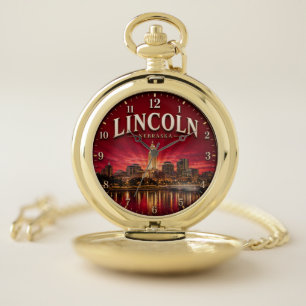 Lincoln Nebraska Capital City Skyline Pocket Watch