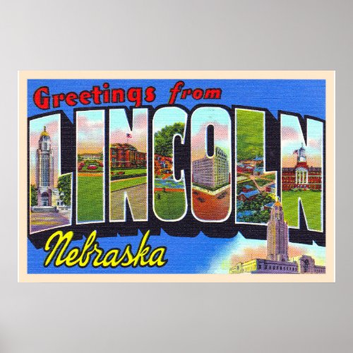 Lincoln Nebraska NE Vintage Large Letter Postcard Poster