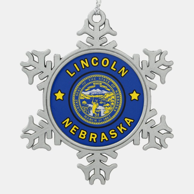 Lincoln Nebraska Snowflake Pewter Christmas Ornament (Front)