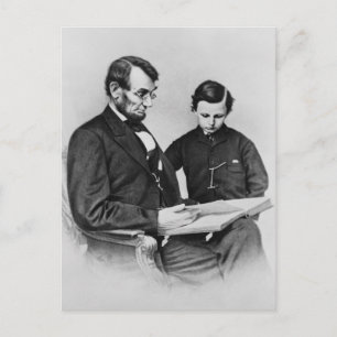 Lincoln Postcard - reading with son Tad, 1864