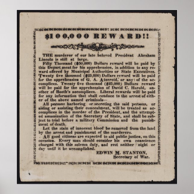 Lincoln's Assassin Reward Advertisement Poster (Front)